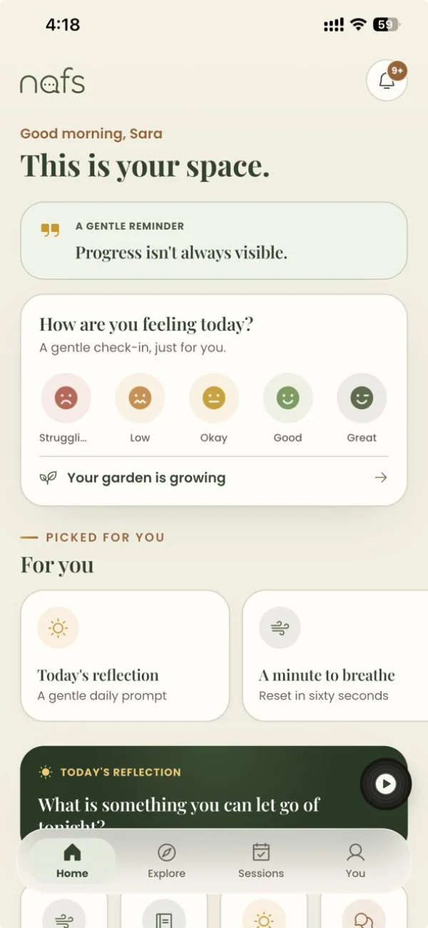 The NAFS Care app home screen — a daily check-in, a gentle reminder and today's reflection